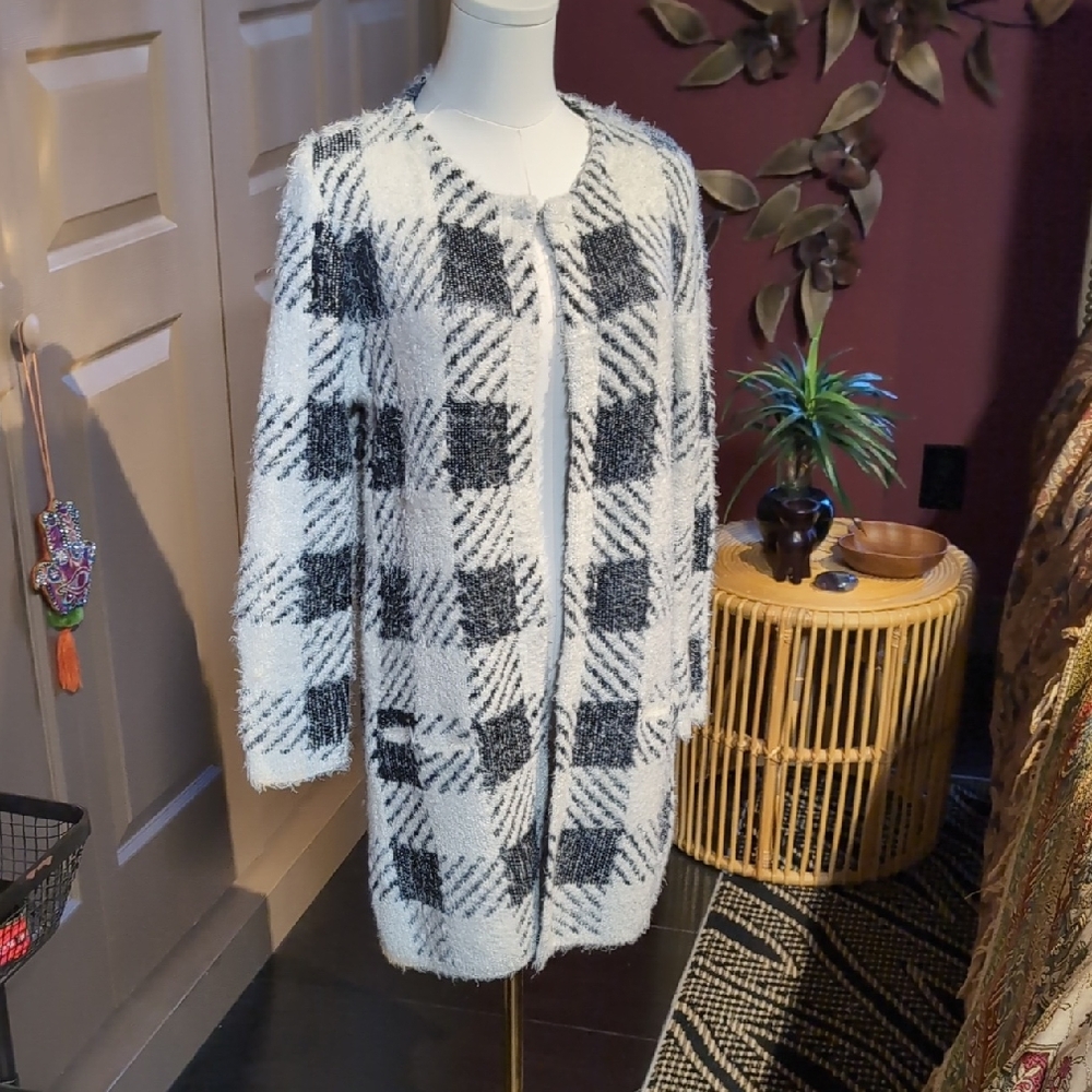 August Silk Fuzzy Plaid Sweater Cardigan Jacket